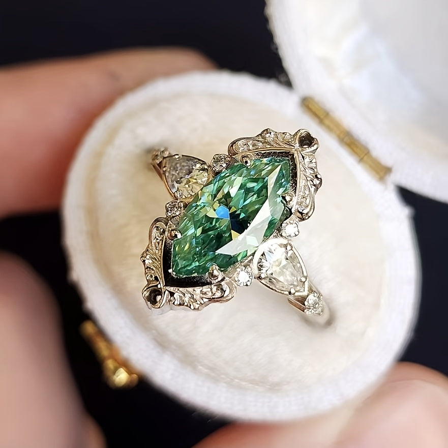 Custom Vintage Marquise-Cut Green Gemstone Three-Stone Ring