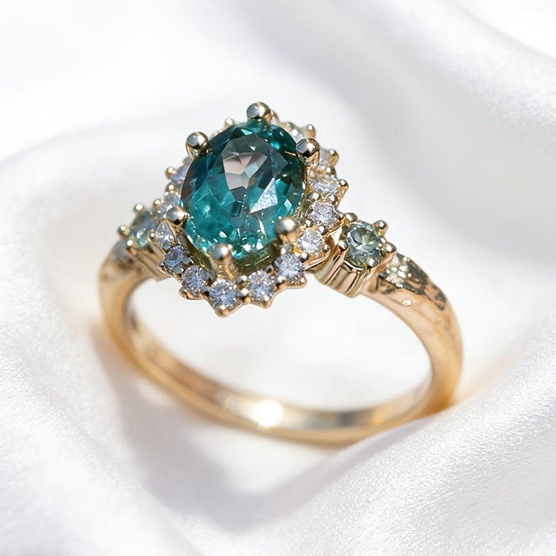 Custom Oval Teal Gemstone Halo Gold Ring