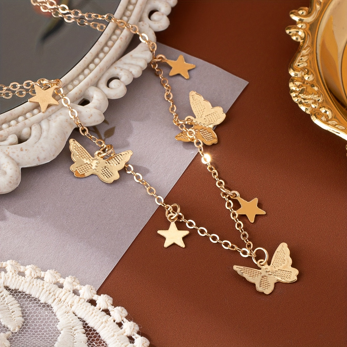Gold Butterfly & Star Charm Choker Necklace