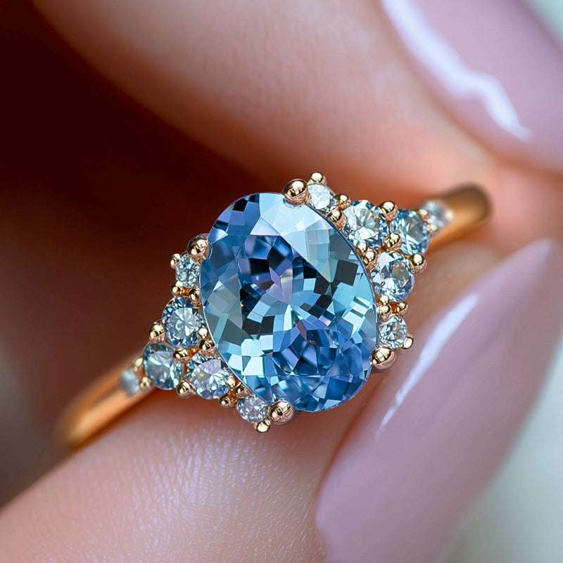 Custom Oval Blue Gemstone Side Cluster Ring - Luxury Custom Jewelry