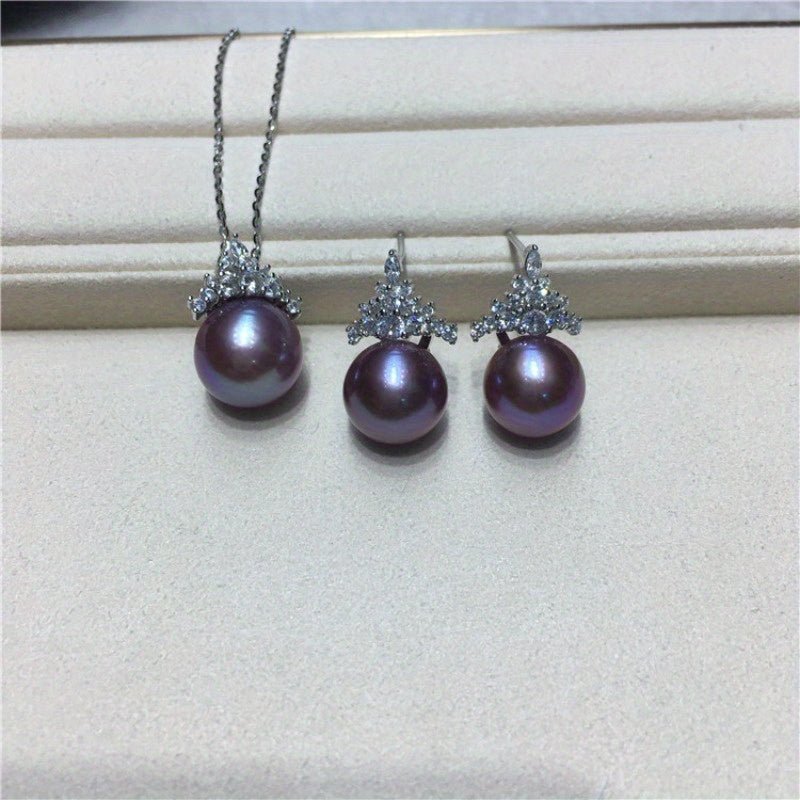Custom Purple Freshwater Pearl Crown Jewelry Set (Necklace & Earrings)