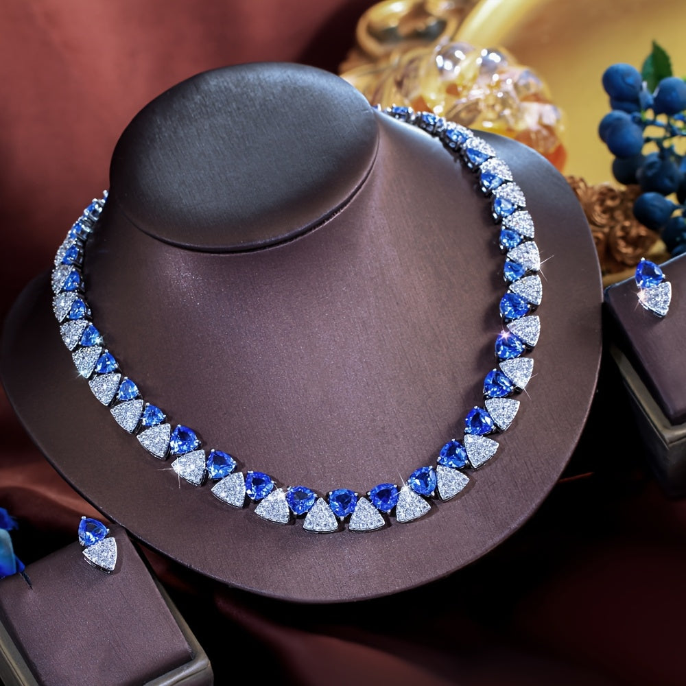 Custom Sapphire and Diamond Triangular Necklace & Earring Set