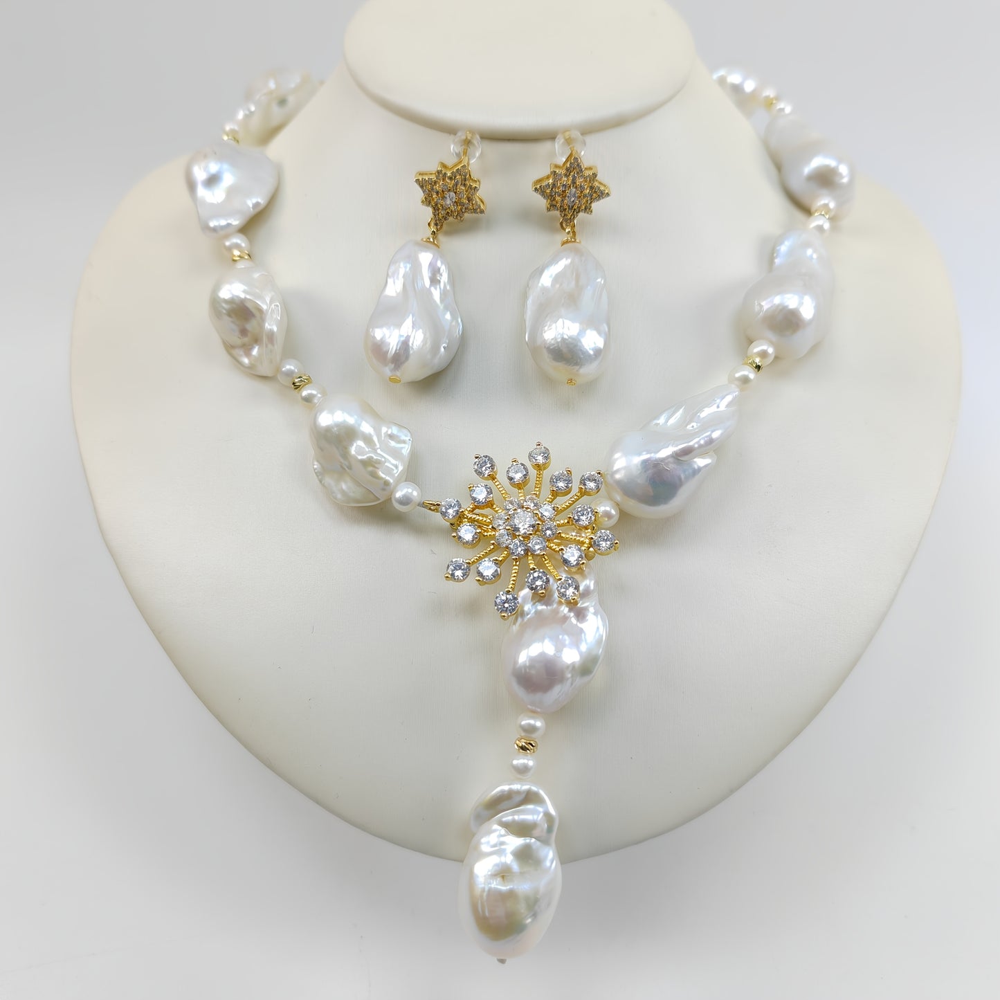Custom Baroque Pearl Starburst Jewelry Set: Necklace & Earrings