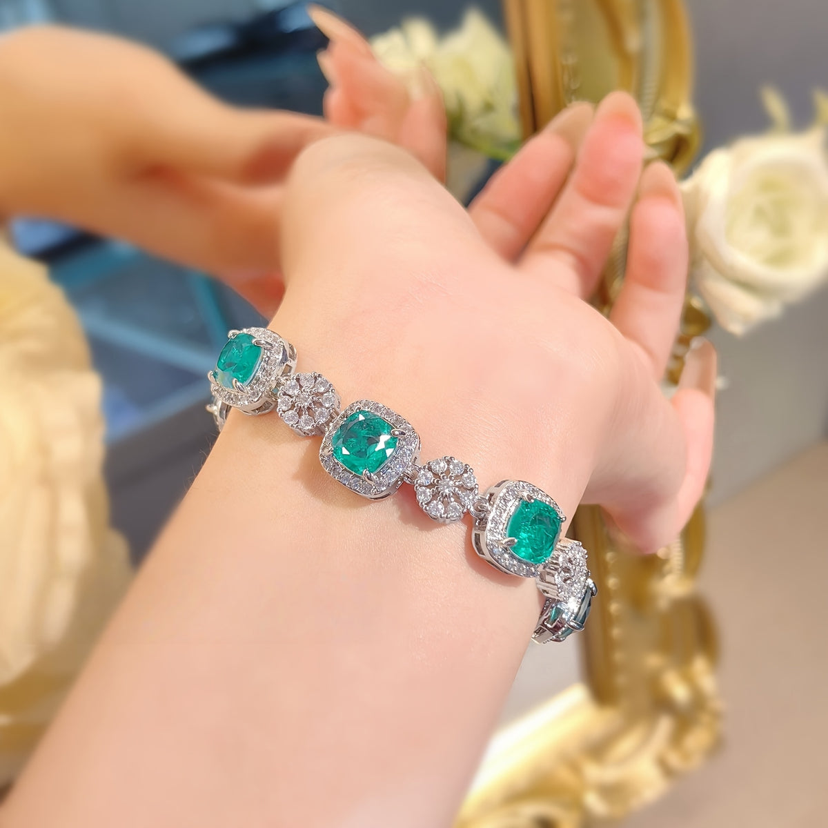 Custom Emerald Cushion-Cut Halo Tennis Bracelet