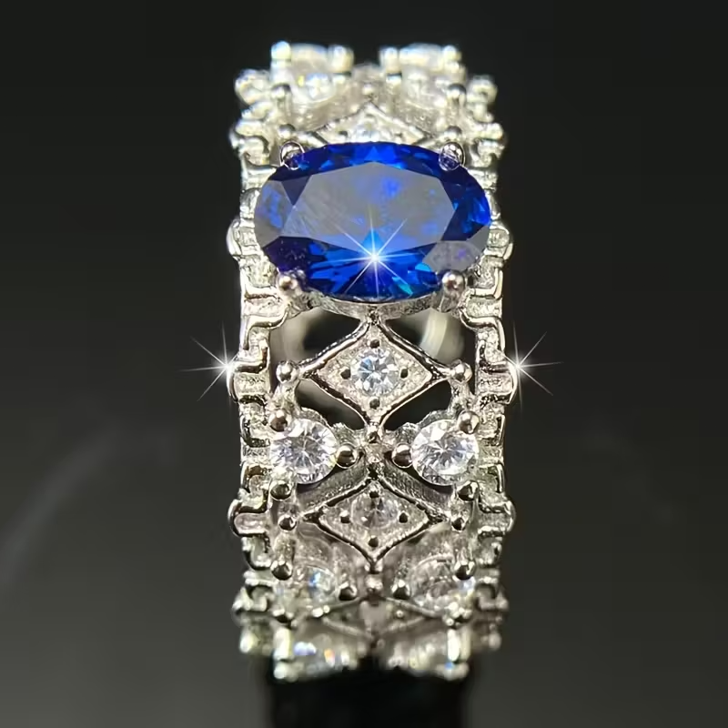 925 Sterling Silvery Shimmering Luxury 6*8mm Deep Blue Ring