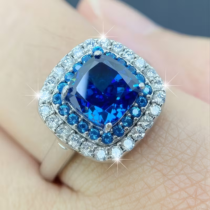 925 Sterling Silvery Precision-Cut Square Synthetic Blue Synthetic Zirconia Ring, 3.9g