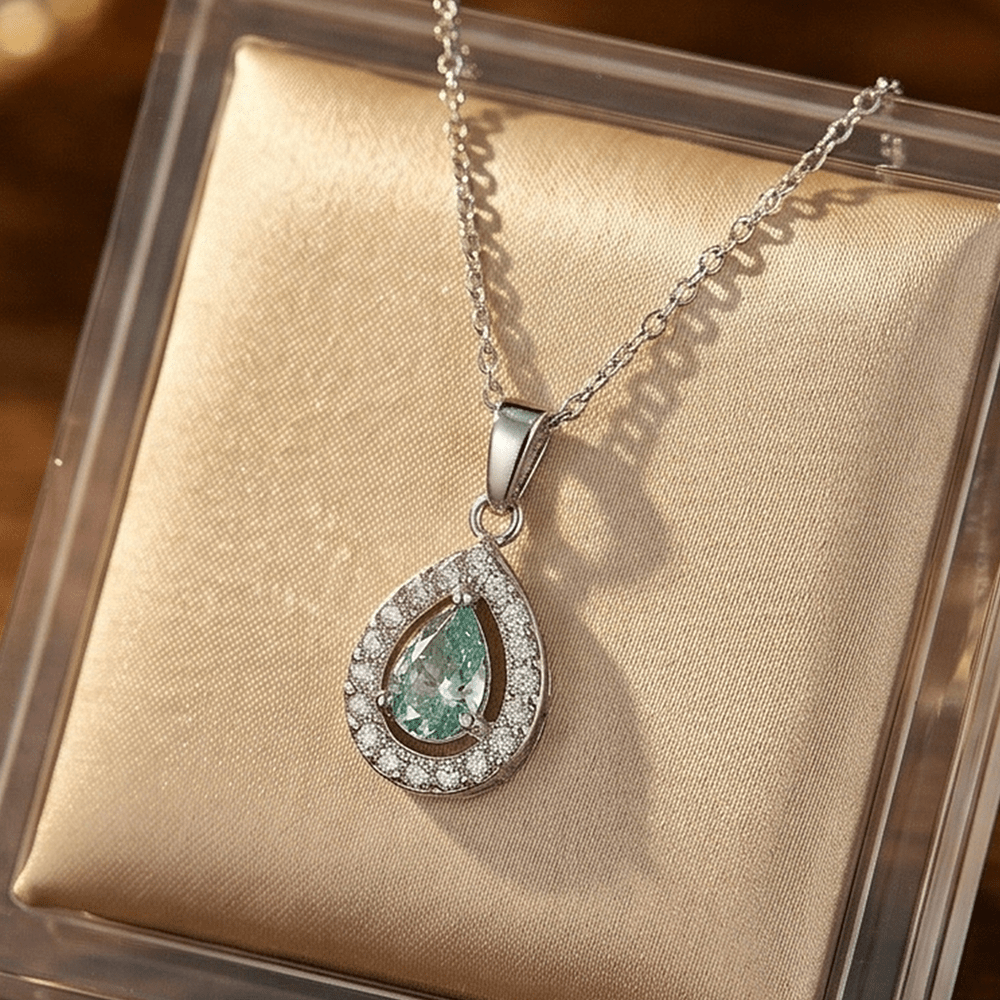Custom Pear-Cut Teal Gemstone Halo Pendant Necklace