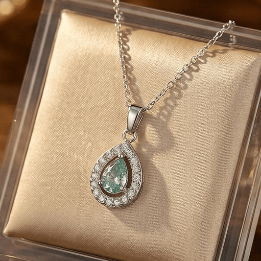 Custom Pear-Cut Teal Gemstone Halo Pendant Necklace