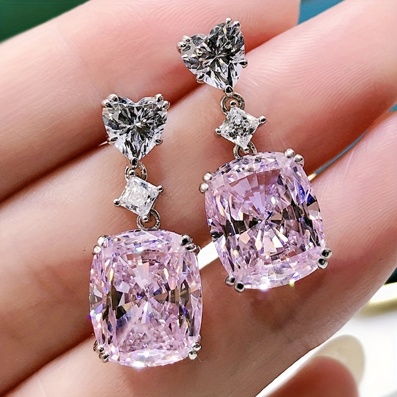 Custom Pink Cushion Cut Heart Top Drop Earrings