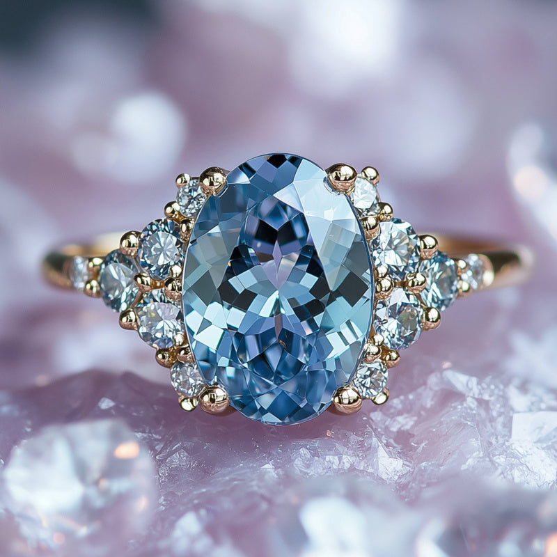Custom Oval Blue Gemstone Side Cluster Ring - Luxury Custom Jewelry