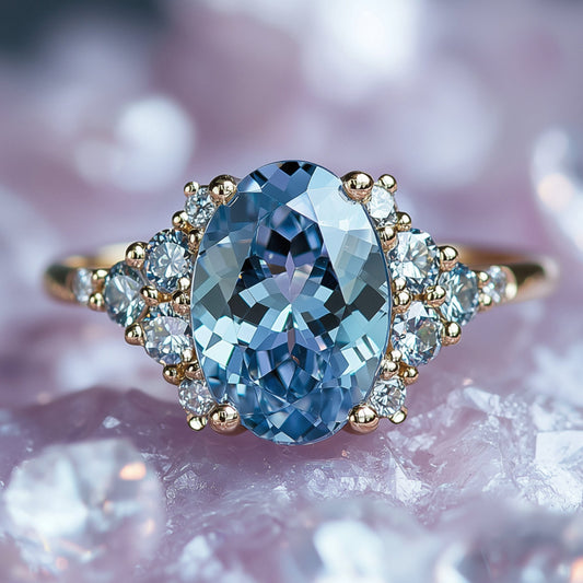 Custom Oval Blue Gemstone Side Cluster Ring - Luxury Custom Jewelry