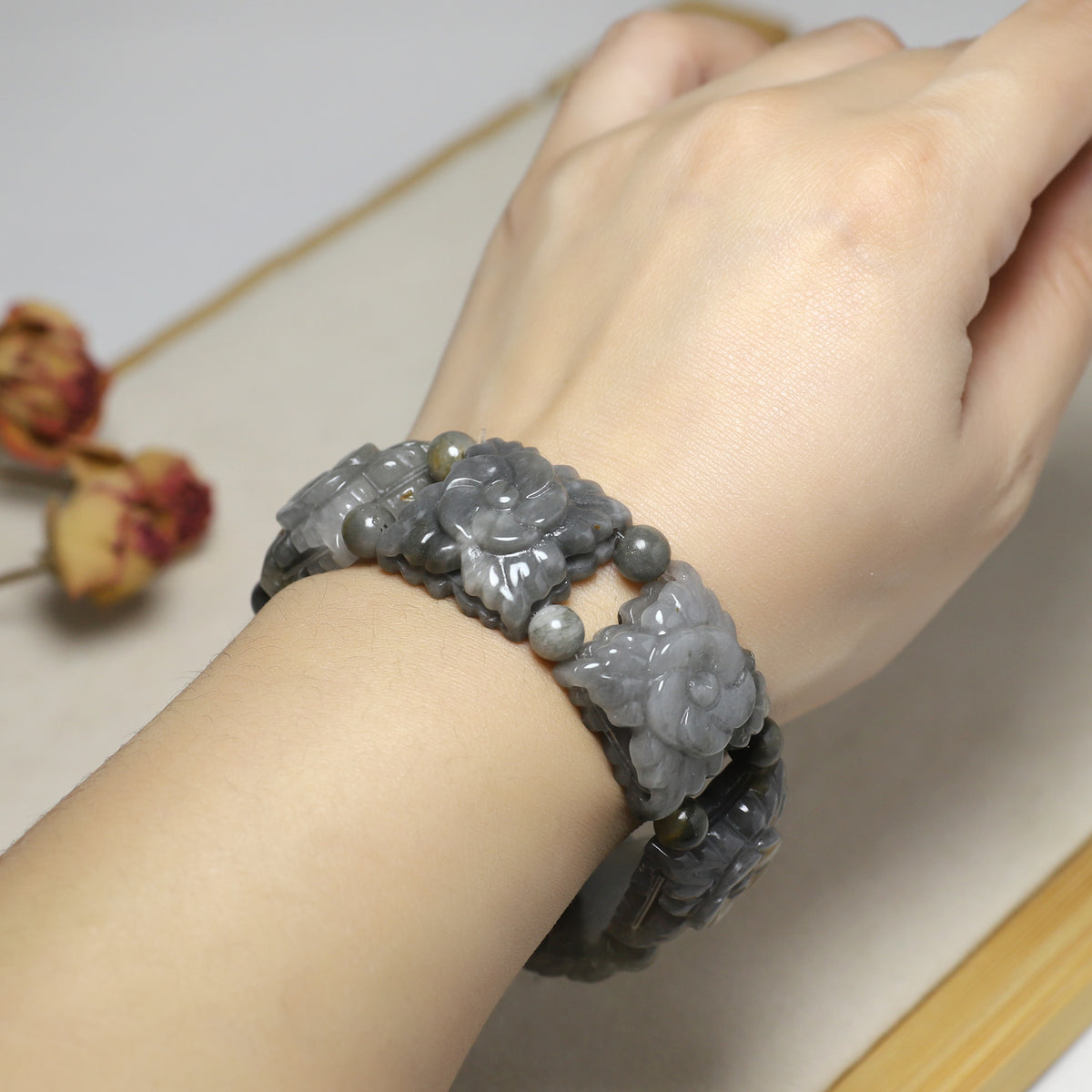 Custom Natural Gray Jade Carved Flower Bracelet