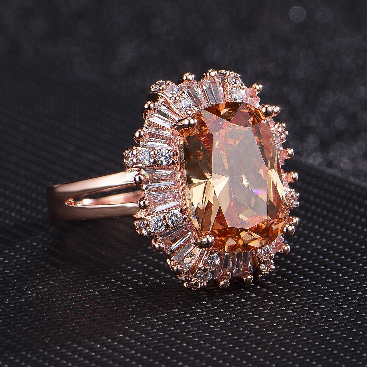 Custom Champagne Oval Sunburst Halo Rose Gold Ring