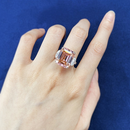 Custom 15CT Emerald-Cut Pink Gemstone Three-Stone Ring