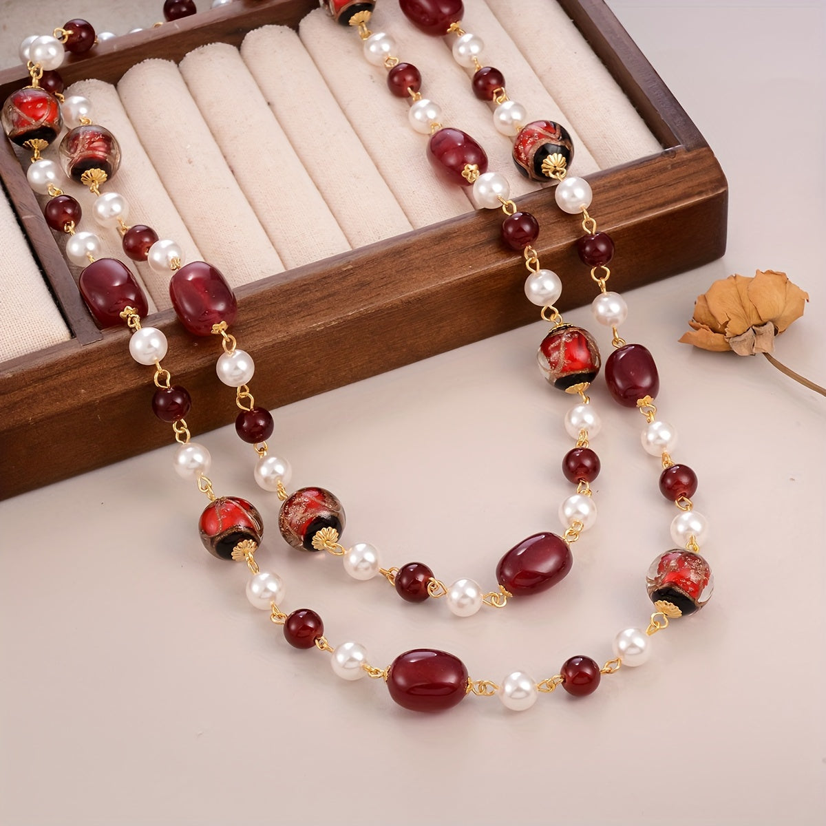 Custom Red & Pearl Layered Long Necklace