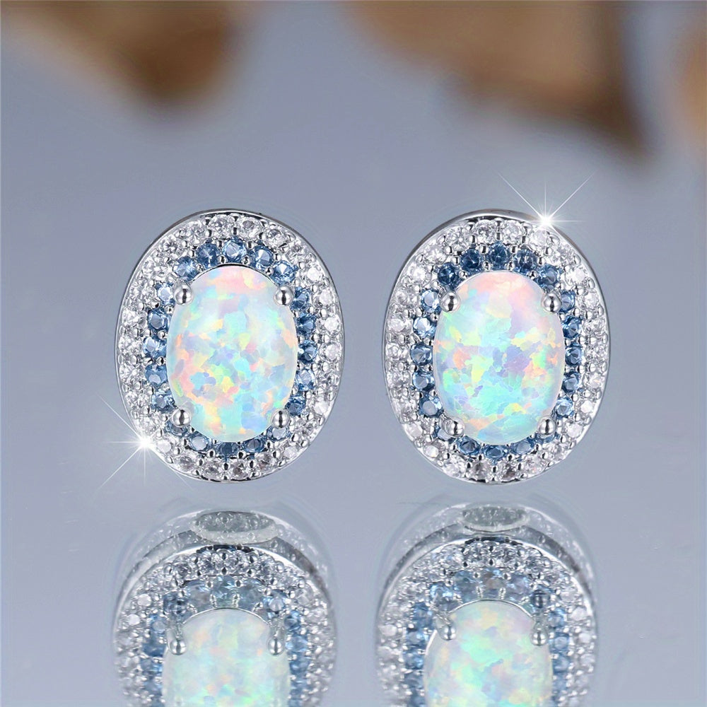Custom Oval Opal Double Halo Stud Earrings
