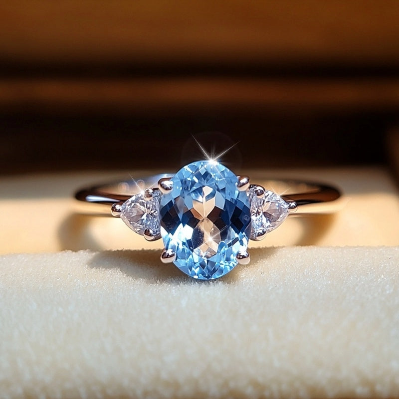 Custom Sky Blue Topaz Three-Stone Oval Ring