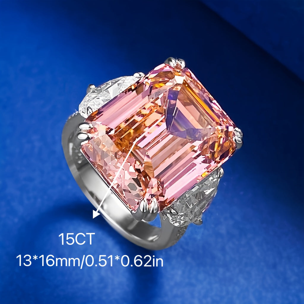 Custom 15CT Emerald-Cut Pink Gemstone Three-Stone Ring