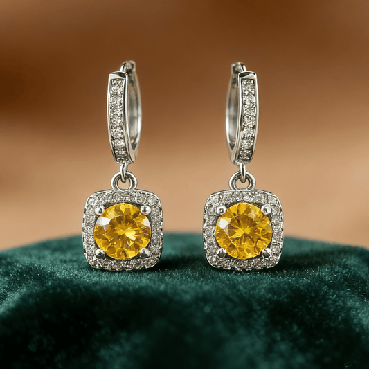 Custom Yellow Moissanite Halo Drop Earrings