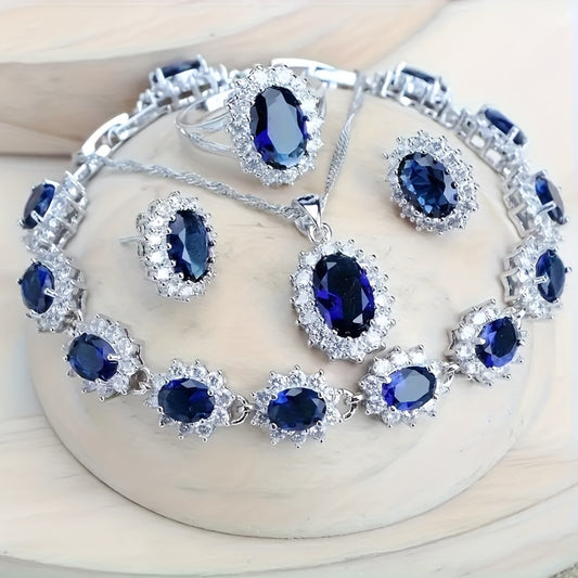 Custom Blue Sapphire Halo Jewelry Set: Necklace, Earrings, Ring & Bracelet