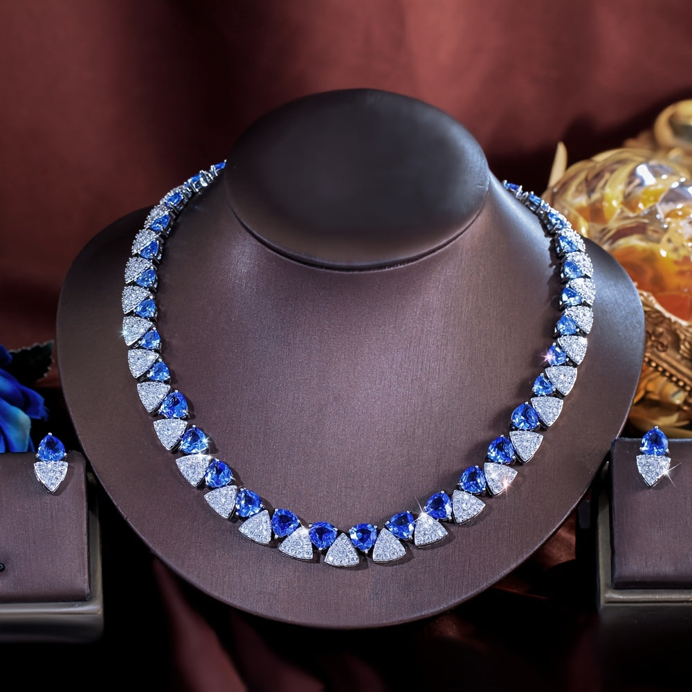 Custom Sapphire and Diamond Triangular Necklace & Earring Set