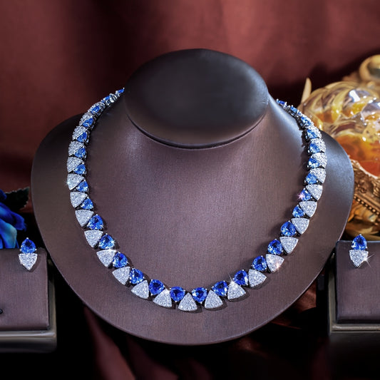 Custom Sapphire and Diamond Triangular Necklace & Earring Set