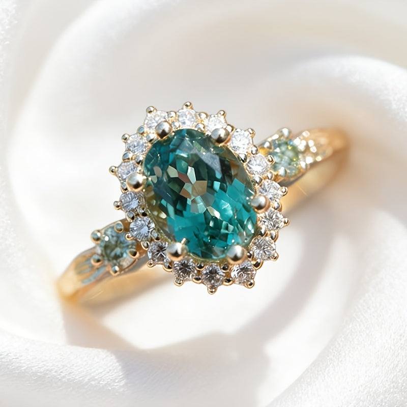 Custom Oval Teal Gemstone Halo Gold Ring