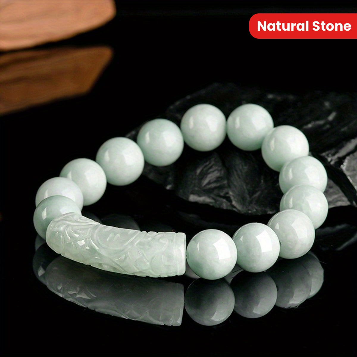 Custom Natural Jade Beaded Bracelet with Carved Bar