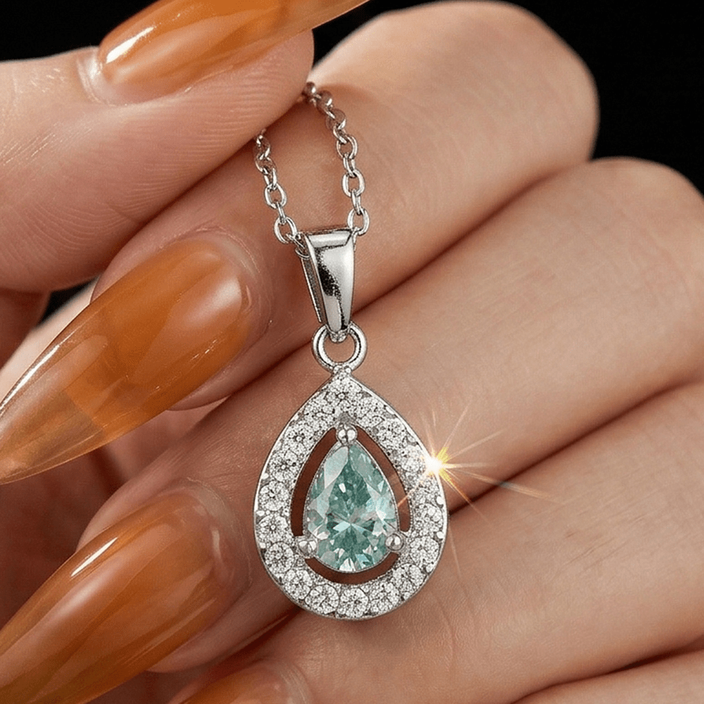 Custom Pear-Cut Teal Gemstone Halo Pendant Necklace