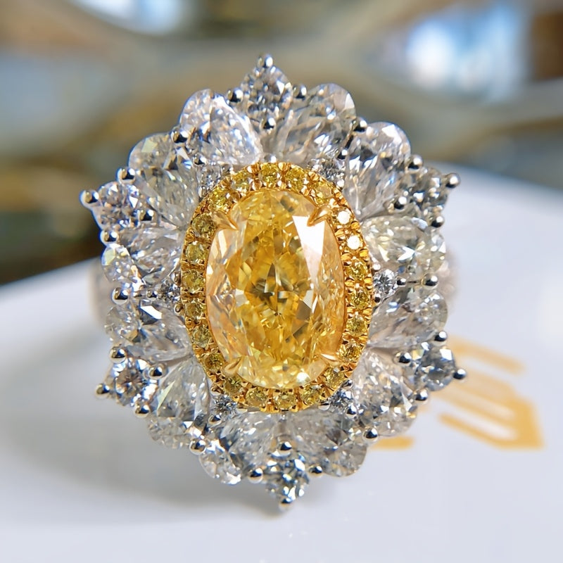Custom Yellow Oval Gemstone Double Halo Statement Ring
