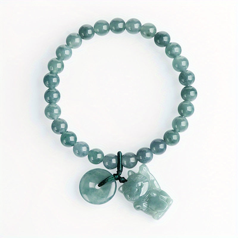 Custom Natural Jade Beaded Bracelet with Lucky Cat Pendant