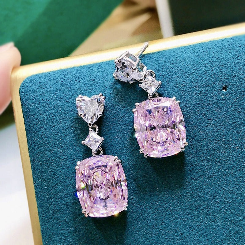 Custom Pink Cushion Cut Heart Top Drop Earrings