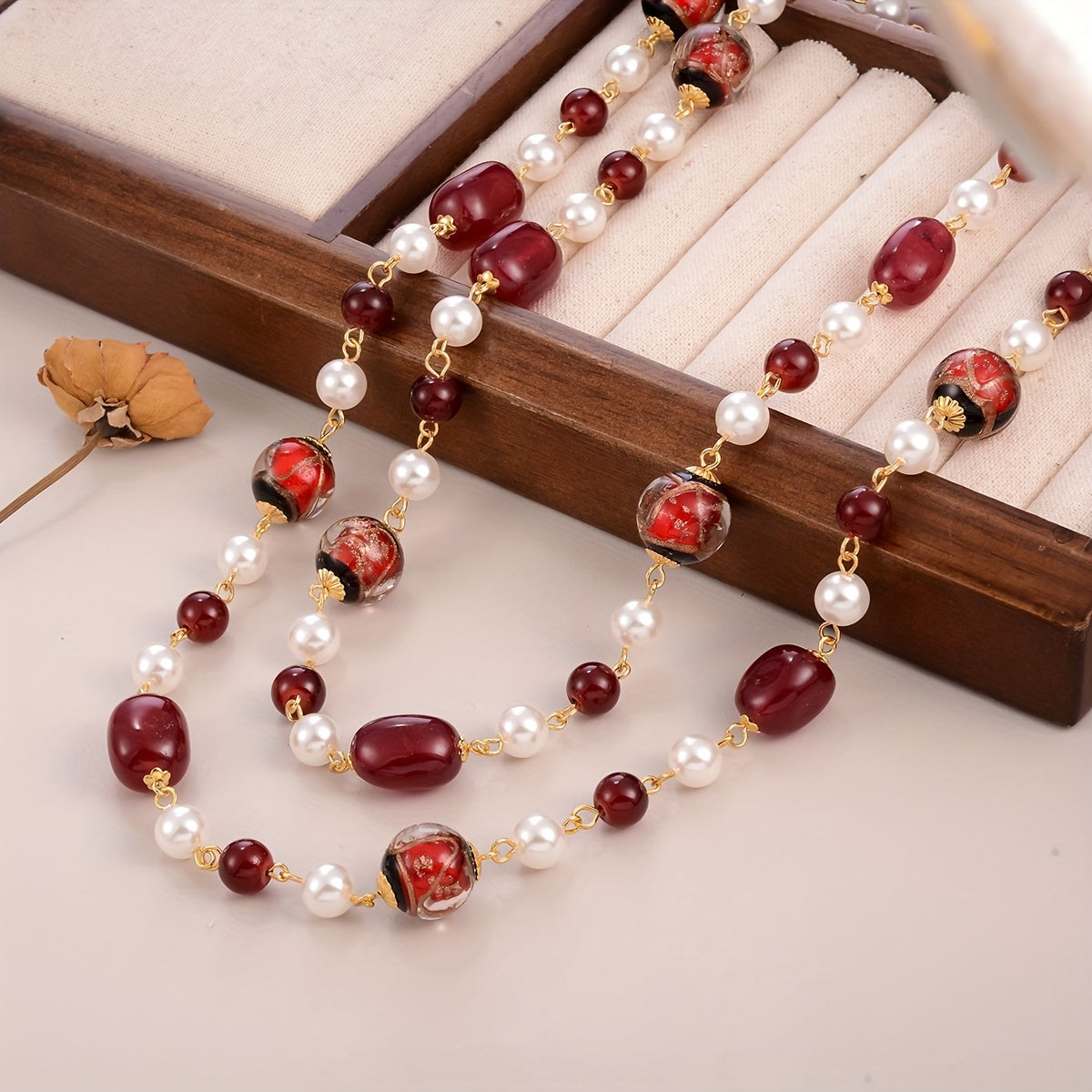 Custom Red & Pearl Layered Long Necklace