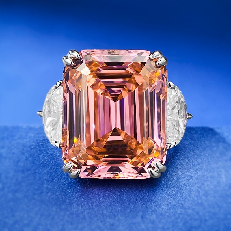 Custom 15CT Emerald-Cut Pink Gemstone Three-Stone Ring