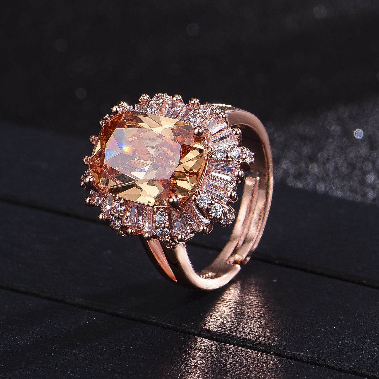 Custom Champagne Oval Sunburst Halo Rose Gold Ring