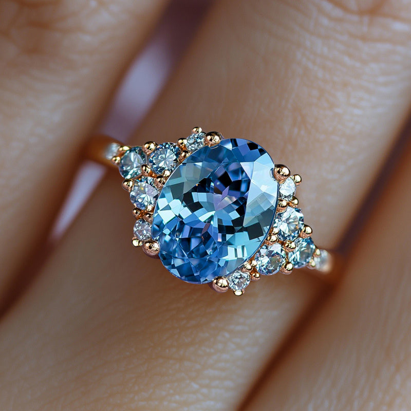 Custom Oval Blue Gemstone Side Cluster Ring - Luxury Custom Jewelry