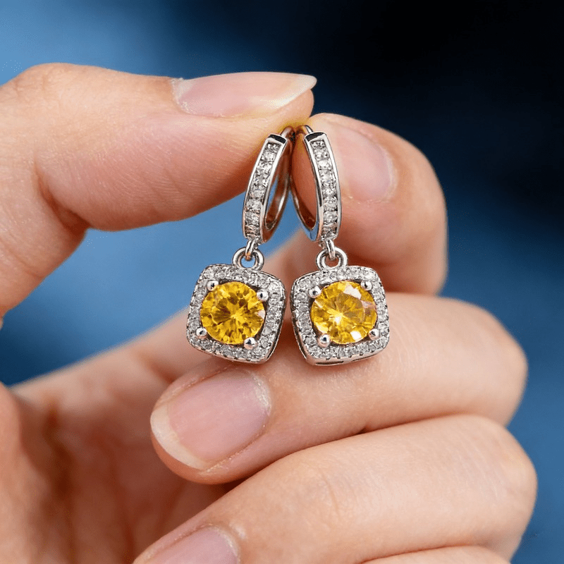 Custom Yellow Moissanite Halo Drop Earrings