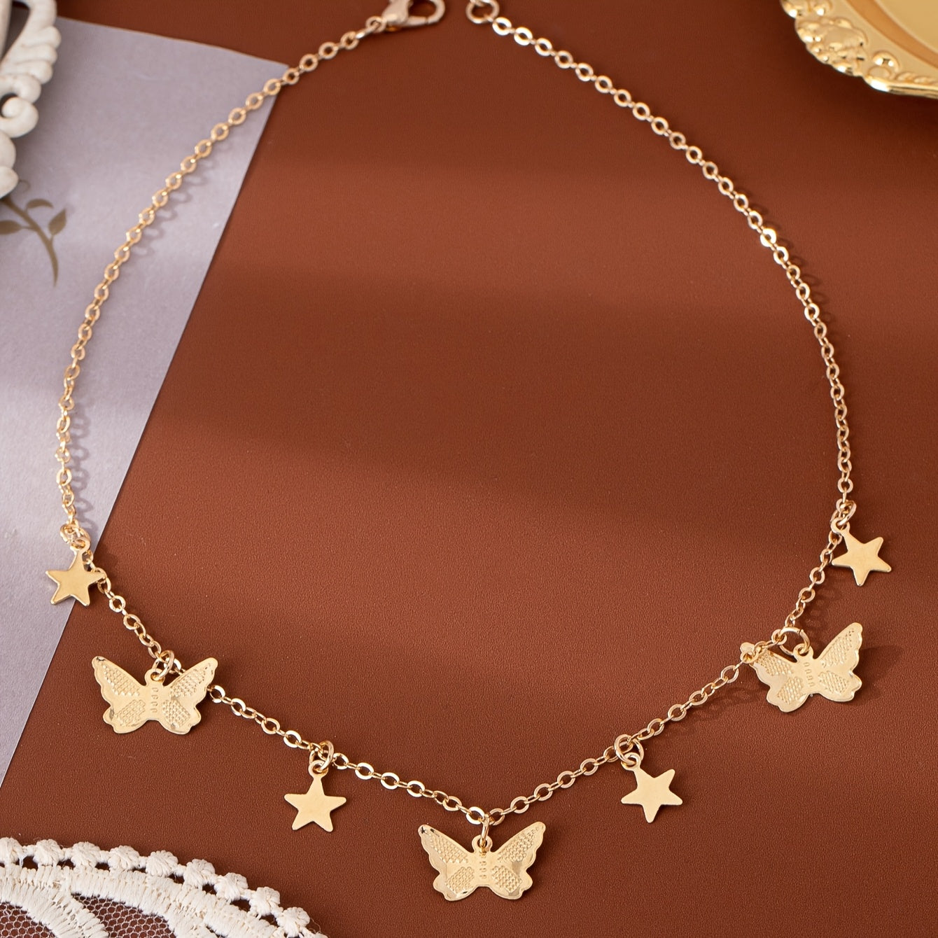 Gold Butterfly & Star Charm Choker Necklace