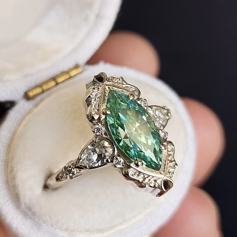 Custom Vintage Marquise-Cut Green Gemstone Three-Stone Ring