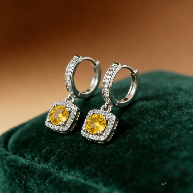 Custom Yellow Moissanite Halo Drop Earrings