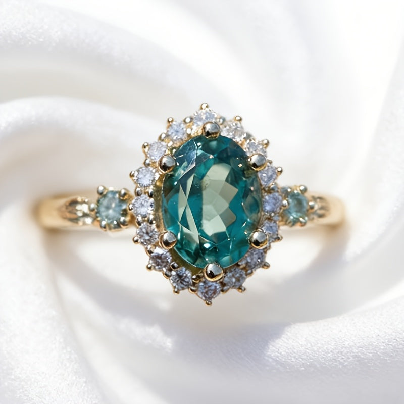 Custom Oval Teal Gemstone Halo Gold Ring
