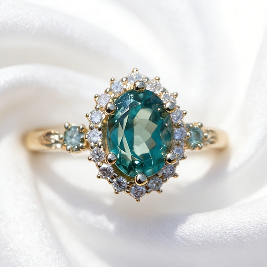 Custom Oval Teal Gemstone Halo Gold Ring