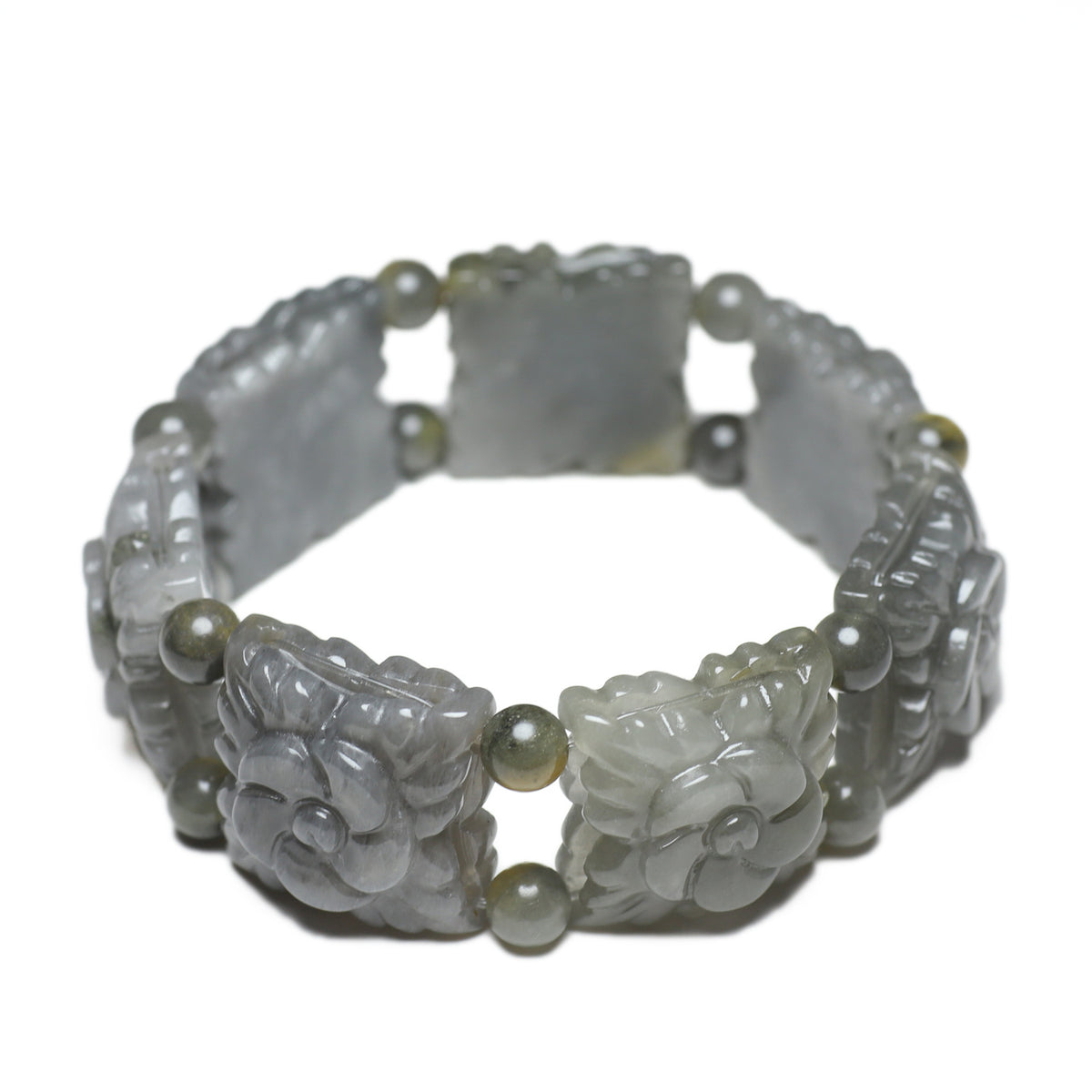 Custom Natural Gray Jade Carved Flower Bracelet