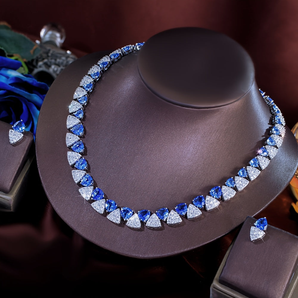 Custom Sapphire and Diamond Triangular Necklace & Earring Set