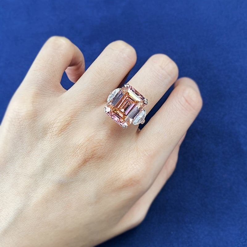 Custom 15CT Emerald-Cut Pink Gemstone Three-Stone Ring