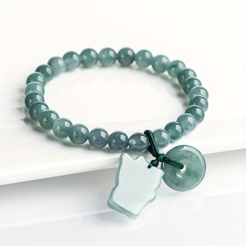 Custom Natural Jade Beaded Bracelet with Lucky Cat Pendant