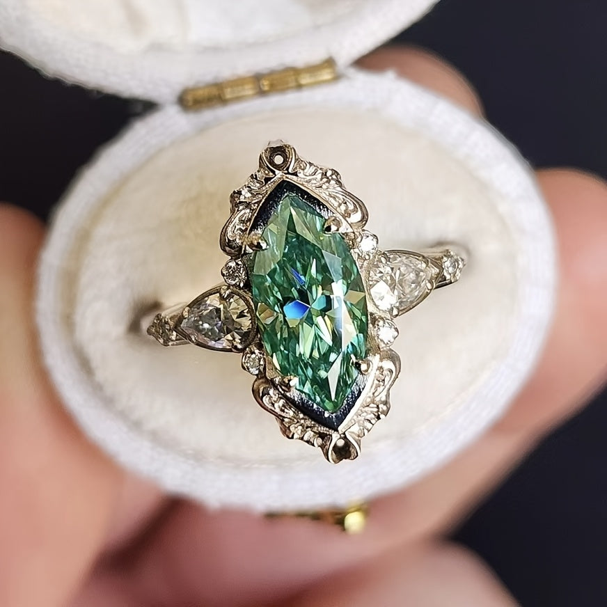 Custom Vintage Marquise-Cut Green Gemstone Three-Stone Ring