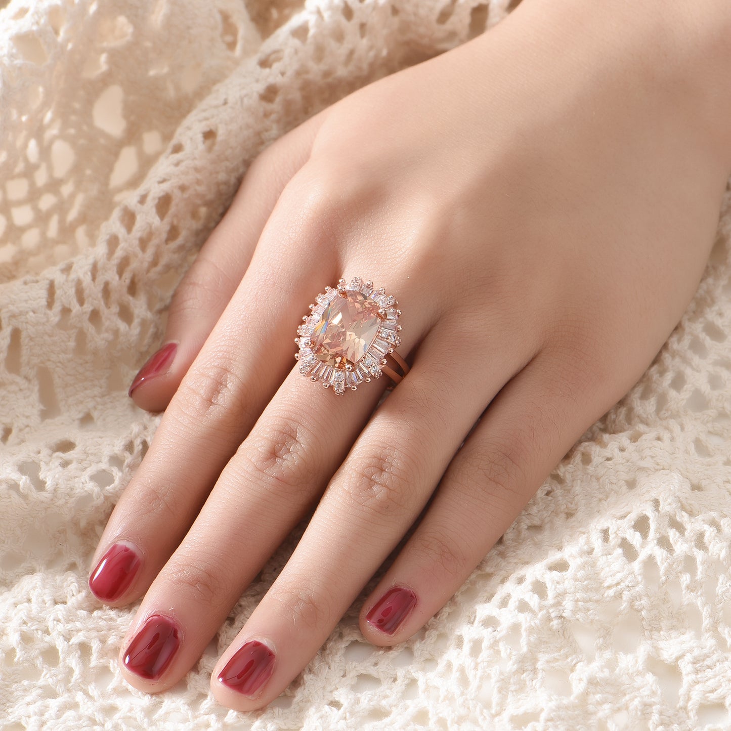 Custom Champagne Oval Sunburst Halo Rose Gold Ring