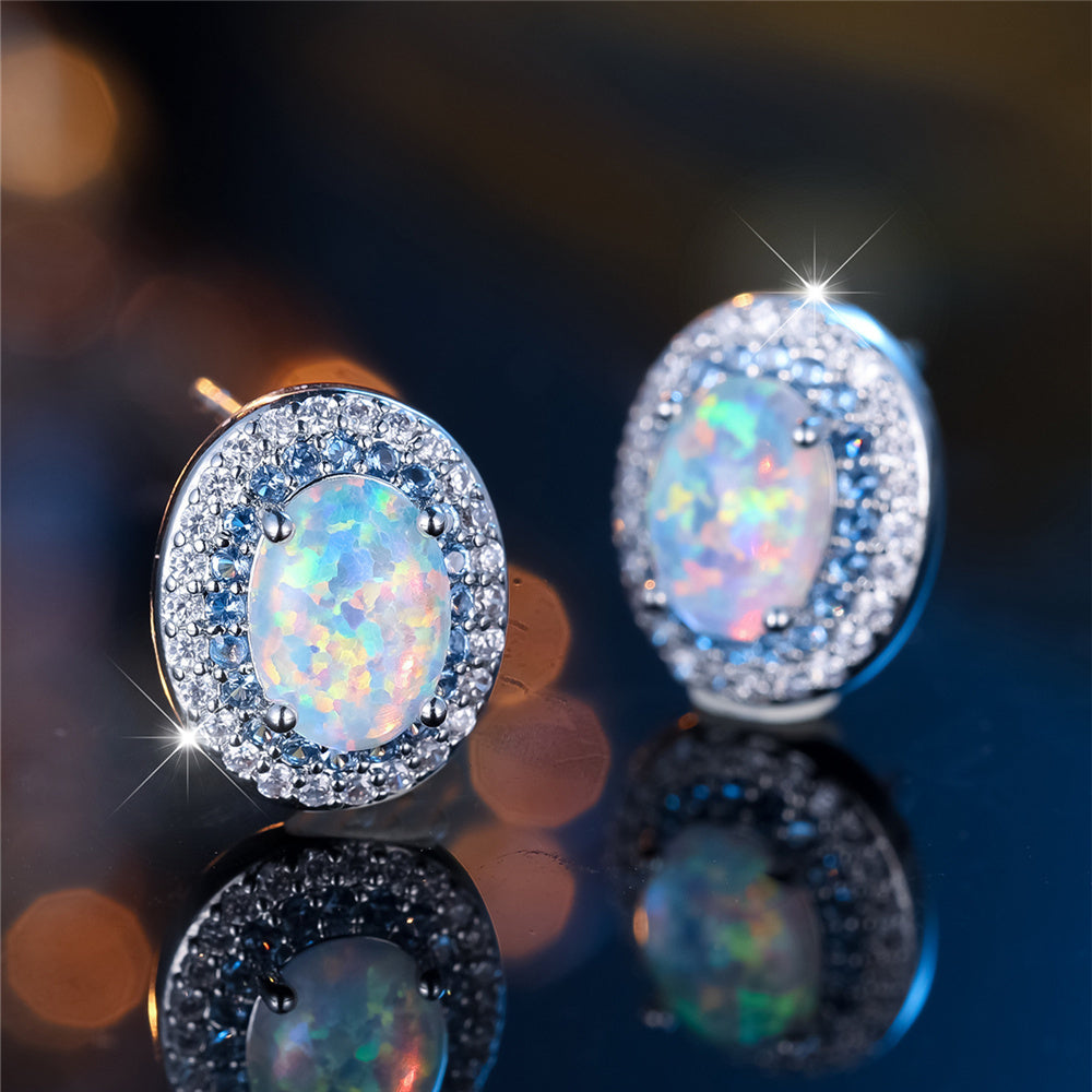 Custom Oval Opal Double Halo Stud Earrings