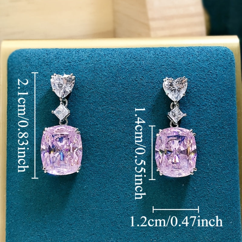 Custom Pink Cushion Cut Heart Top Drop Earrings